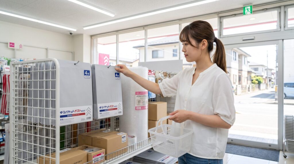 日本のコンビニエンスストアのレジカウンターで、日本人女性が「ゆうパケットポストmini」の3枚入りパッケージを購入している、夜間の明るい店内写真。店員が商品をスキャンしている。