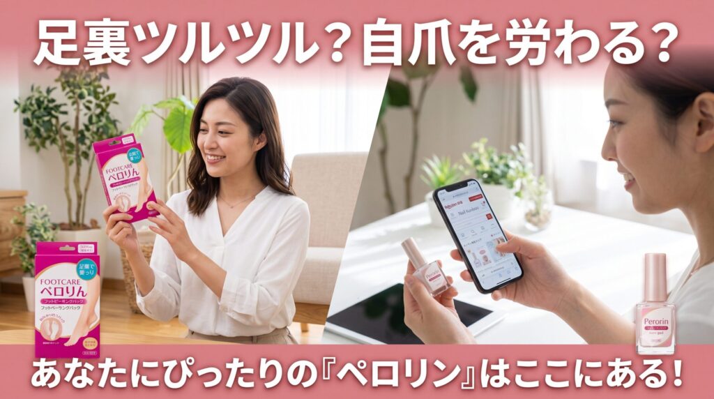 フットケア用ペロリン（足裏の角質除去）とネイル用ペロリン（剥がせるベースジェル）を、スプリットスクリーンで比較するアジア人女性の様子。
