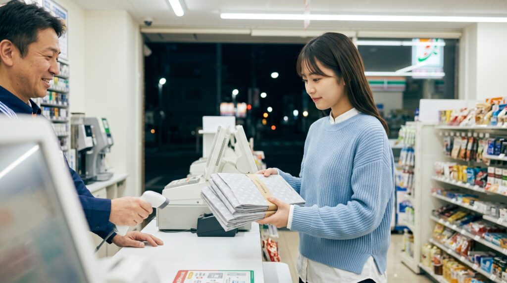 日本のコンビニエンスストアのレジカウンターで、日本人女性が「ゆうパケットポストmini」の3枚入りパッケージを購入している、夜間の明るい店内写真。店員が商品をスキャンしている。
