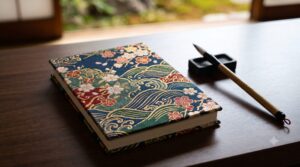 伝統的な和柄（桜と波模様）の美しい御朱印帳が、静かな日本の寺院の木のテーブルの上に置かれている、洗練された雰囲気のアイキャッチ画像。