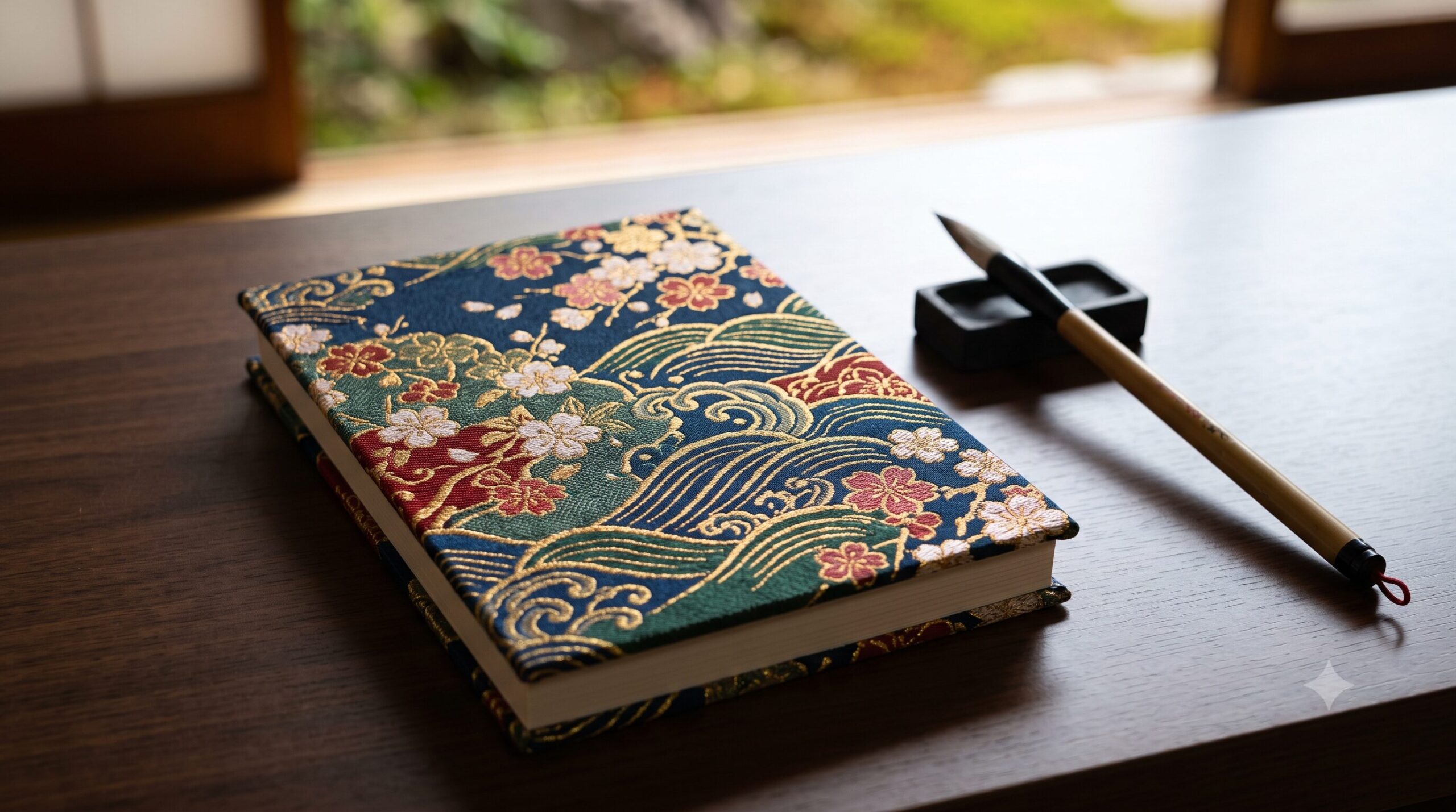 伝統的な和柄（桜と波模様）の美しい御朱印帳が、静かな日本の寺院の木のテーブルの上に置かれている、洗練された雰囲気のアイキャッチ画像。