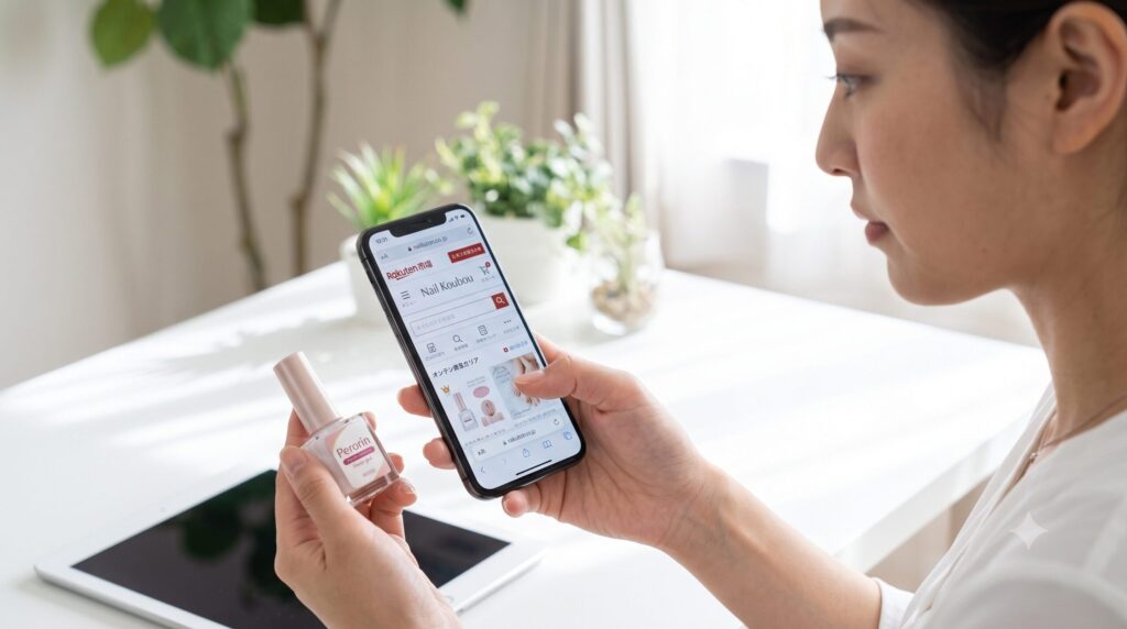 自宅のデスクで、スマートフォンを使用して楽天市場のネイル工房でネイル用ピールオフベースジェル「ペロリン」を検索・購入しようとするアジア人女性。