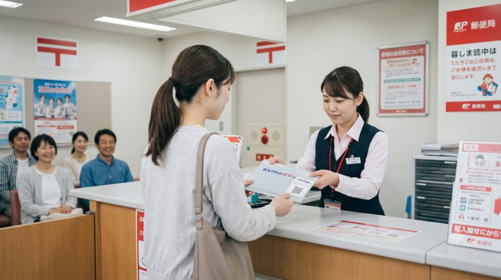 郵便局の窓口で、日本人女性が駅員からゆうパケットポストminiの専用封筒を受け取っている、自然な光のドキュメンタリー写真。背景には郵便局のシンボルマーク（文字なし）が見える。