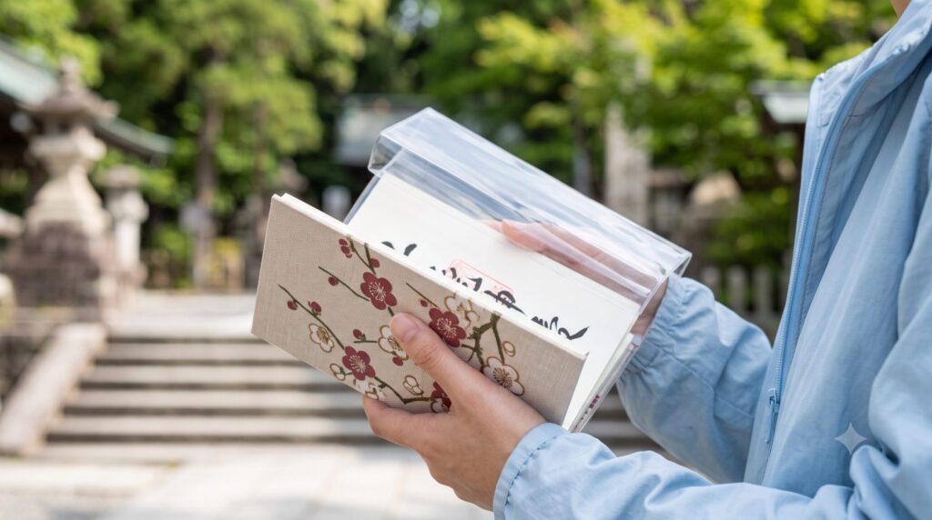日本の神社の境内で、日本人の若い女性が、これから御朱印をいただくために、自分の御朱印帳から透明なビニールカバーを丁寧に取り外している、参拝マナーを守っている瞬間。
