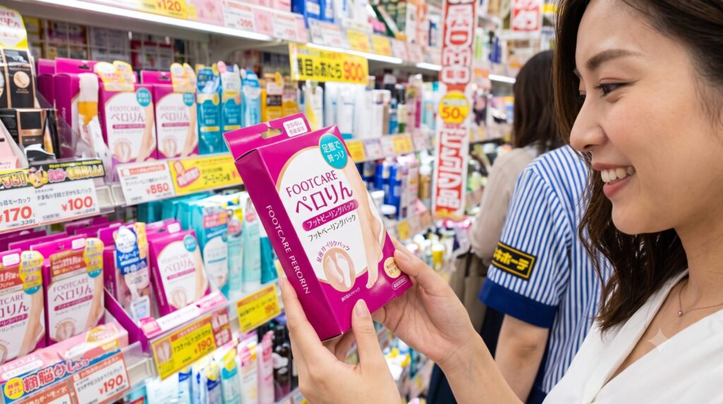 ドン・キホーテの美容コーナーで、足裏角質ケア用のフットピーリングパック「ペロリン」を手に取るアジア人女性の様子。