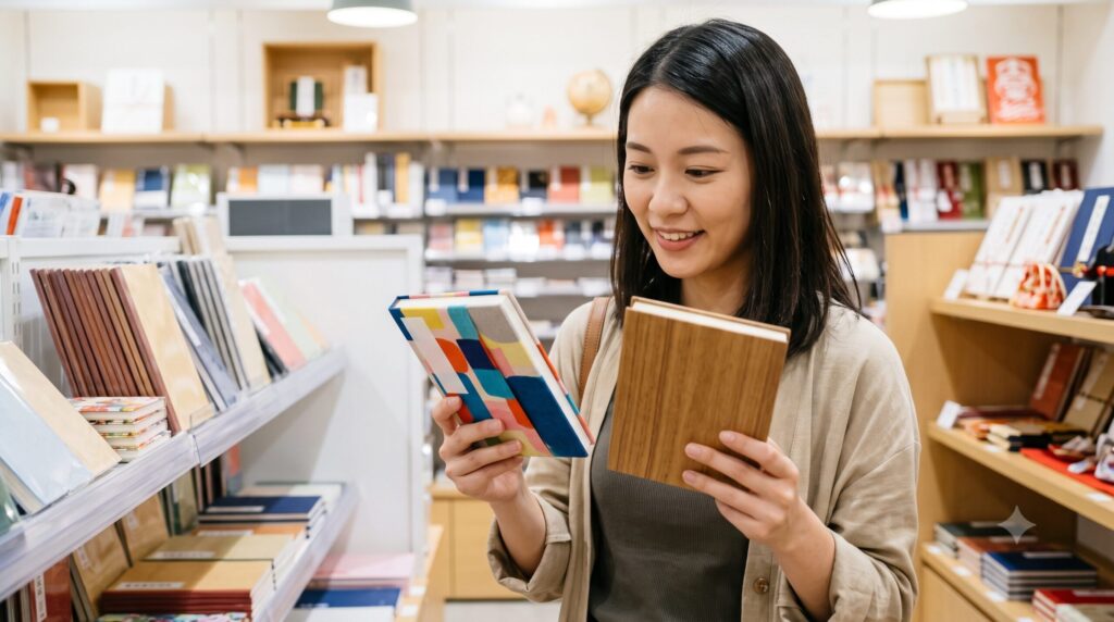 大型雑貨店の明るい文具売り場で、日本人の若い女性が、和柄やモダンなデザインなど、実際に手に取って御朱印帳のサイズや紙質、表紙の手触りを真剣に比較している様子。