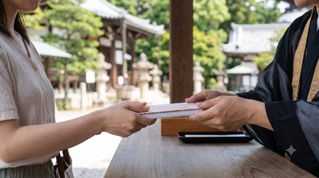 奈良県葛城市にある静かなお寺の授与所で、日本人女性が僧侶から直接、その寺社オリジナルの美しい御朱印帳を受け取っている、厳かな一期一会の瞬間。