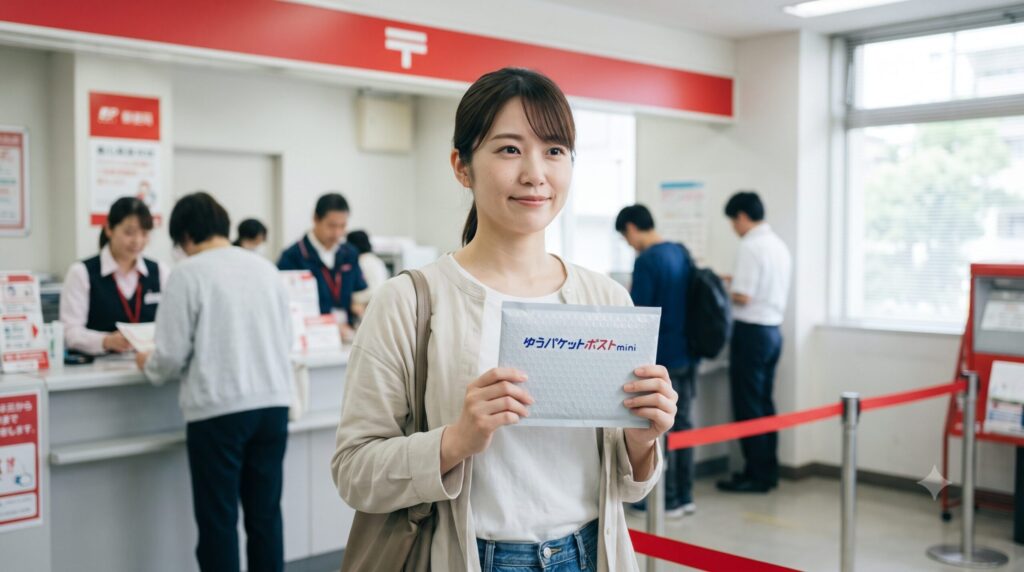 郵便局、コンビニエンスストア、100円ショップの要素が背景にあり、中央に日本人女性が笑顔で「ゆうパケットポストmini」の専用封筒（文字なしの generic なデザイン）を持っている、記事全体を象徴する16:9のアスペクト比のアイキャッチ画像。